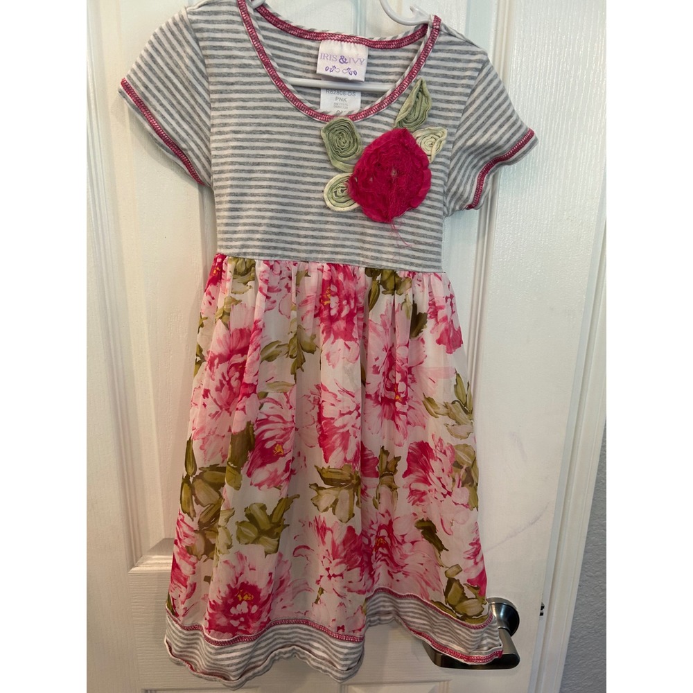 Iris & Ivy Dress Pink Floral Striped 3D Flower Tie Back R62808-DS 6X bin A